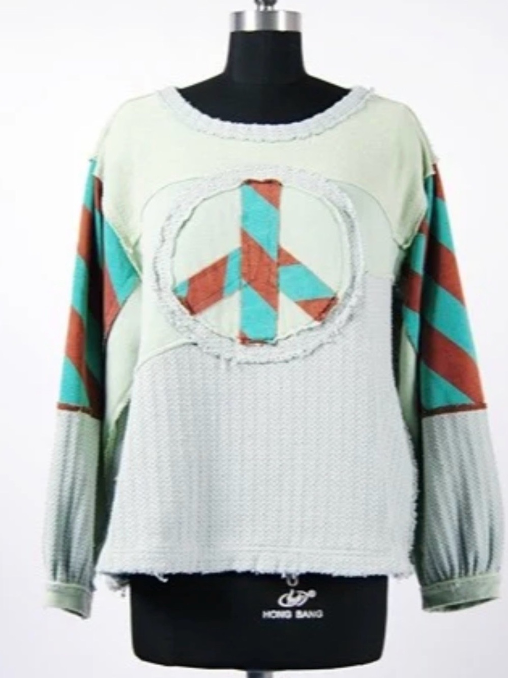 Blue Velvet XLMixed Media Peace Sign Patchwork Pullover Sweatshirt - Mint Green